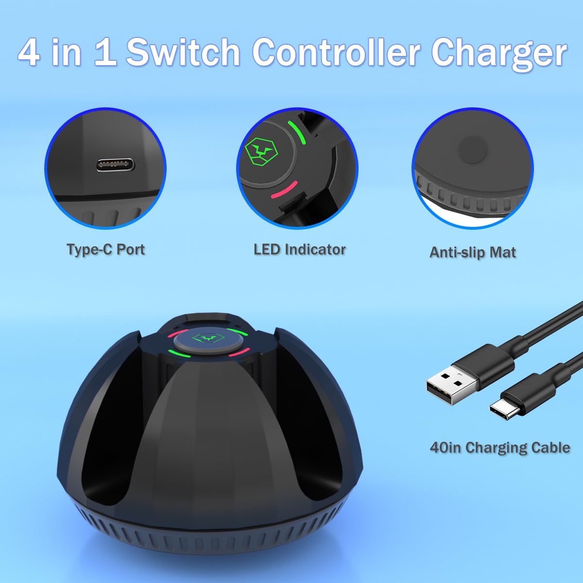 Switch Controller Charger for Nintendo Switch Joy Con,Charging Station for 4 Nintendo Joycons Controller with Led Indication,Joy Con Charging Dock Stand with USB Type C Charging Cable