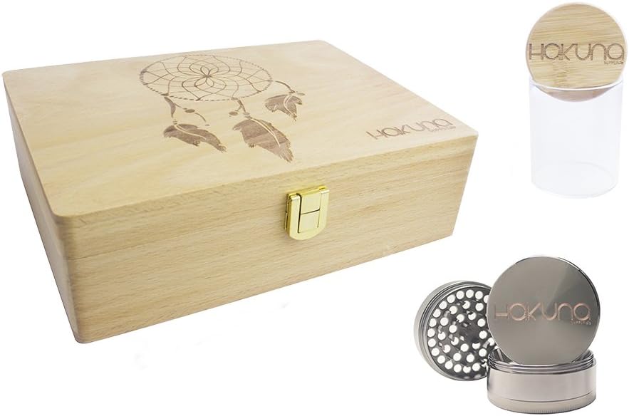 Hakuna Supply Rolling Sleeve Wooden Stash Box - Premium Bamboo Herb Stash Jar & Herb Grinder Stash Box Set (Dream Catcher)