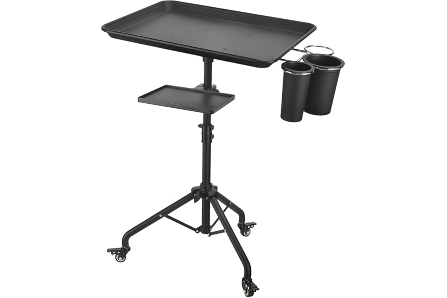 Salon Tray Cart on Wheels, Aluminum Tattoo Tray with Storage Platform, Adjustable Height Service Rolling Tray, Storage Tray Accessory for Salon Spa Dental Use, Rolling Tray Cart