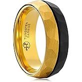 HIOLEEGI Two-Tone Tungsten Carbide Rings for Men, 8MM Black & Gold Hammered Wedding Band, Anniversary Jewelry Gifts