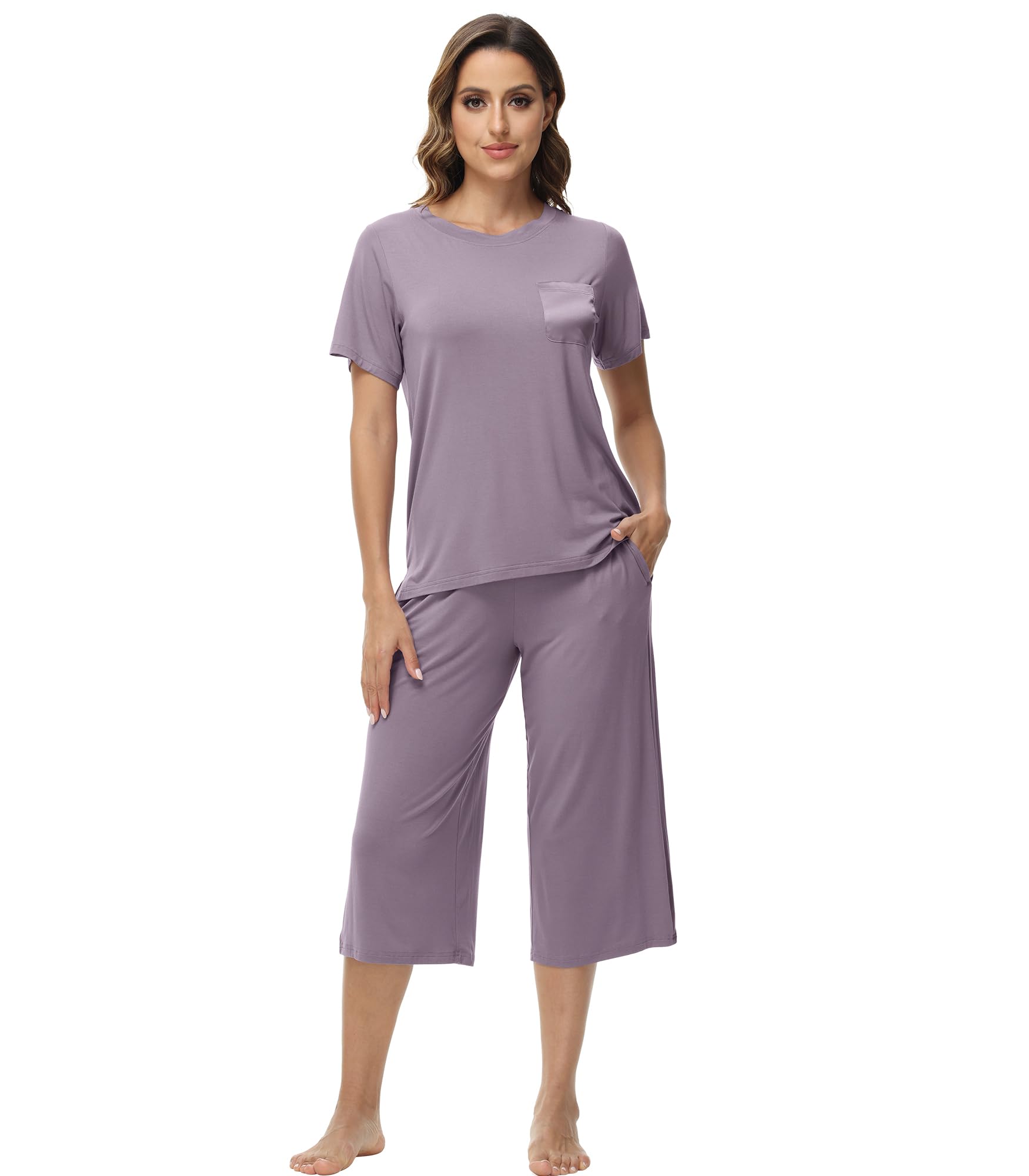Photo 1 of **RUNS SMALL*** WiWi Women's Summer Pajama Set Viscose from Bamboo Loungewear Soft 2 Piece loose Capris Pjs S-XXL, Violet, Medium