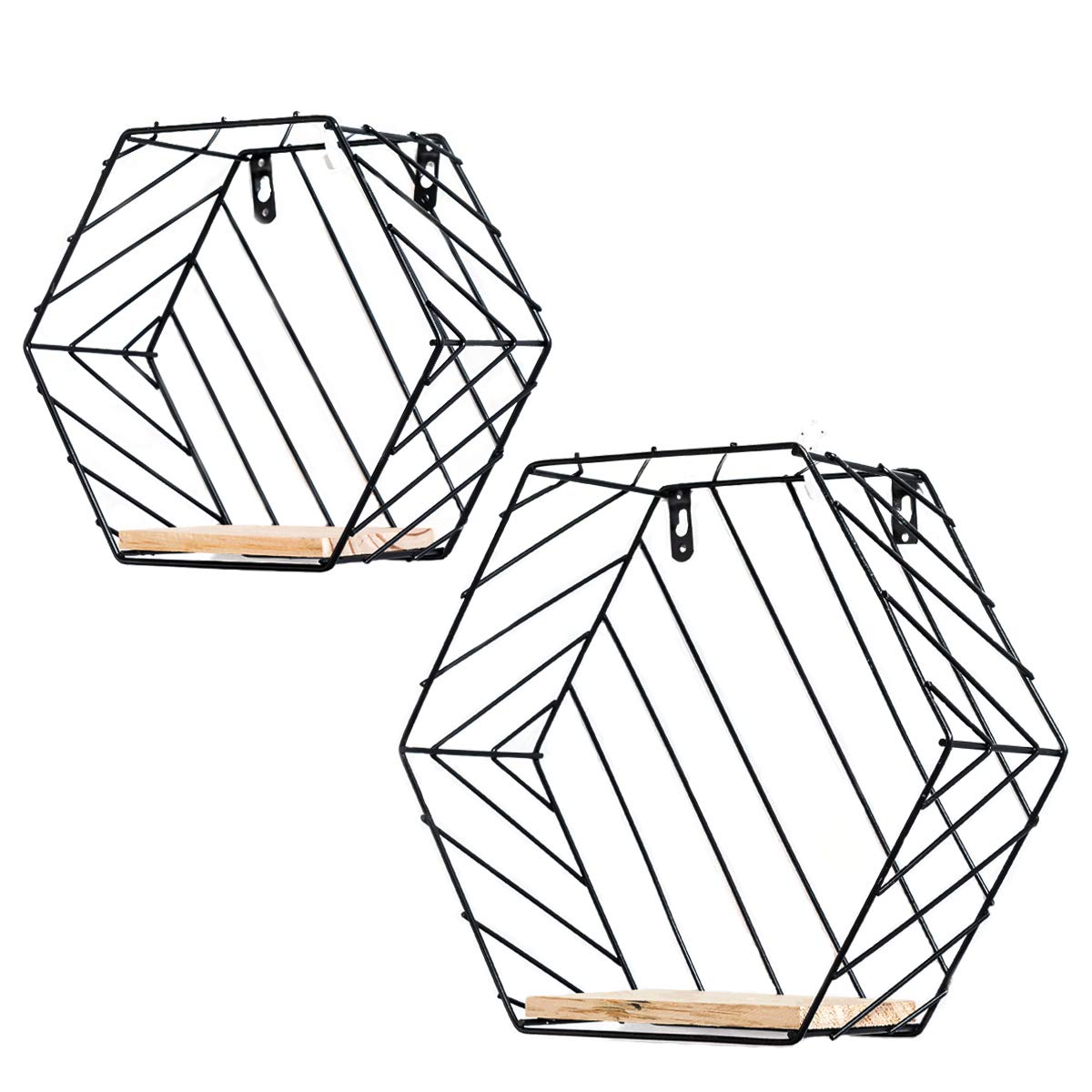 Floating Shelves Wall Mounted Metal Wire Art Hexagon Shelves with Solid Wood Board for Plant Display, Storage Racks & Organiser, Home Decoration Wall Shelf Set of 2 (Black, Stripe)