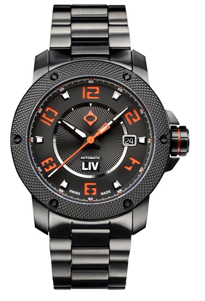 LIV GX1-A Swiss Automatic Men's Watch - Black IP Case - Black Dial and Orange Numbers - Black IP 