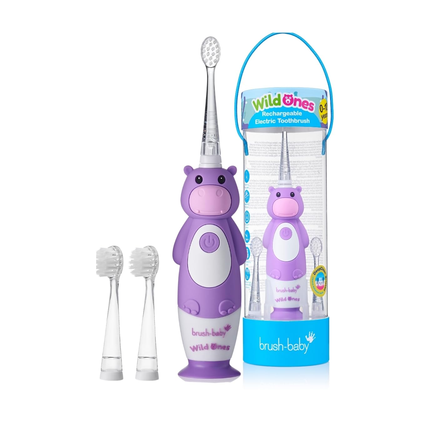 Brush-Baby - Rechargeable Electric Toothbrush for Kids, 0-10 Years - WildOnes, Hippo Design with Flashing Lights - DeepClean Bristles for Superior Clean - 2X Replacement Heads, 1x USB Cable — image 1