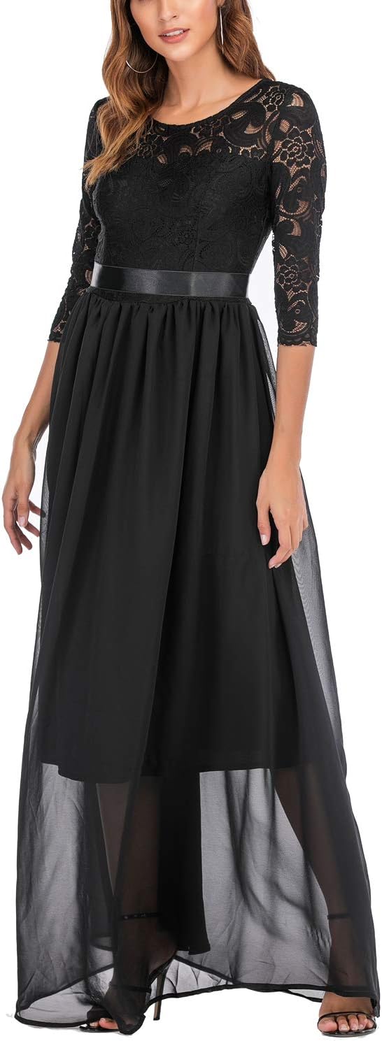 Vieliring Women's 3/4 Sleeve Lace Chiffon Maxi Dresses Casual Floral Evening Gowns Cocktail White Dresses for Women