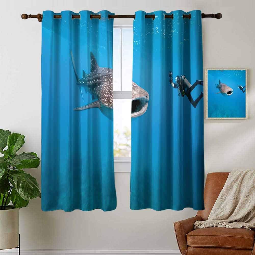 Playyee Shark 99% Blackout Curtains Giant Whale Shark and Underwater Photographer in Wildlife Diving Image for Bedroom, Kindergarten, Living Room W63 x L72 Inch Violet Blue Light Grey
