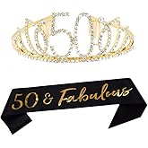 Dgasin 50th Birthday Tiara and Sash Happy 50th Birthday Party Supplies 50 Fabulous Black Glitter Satin Sash and Crystal Tiara Princess Birthday Crown for Women 50th Birthday Party Decorations