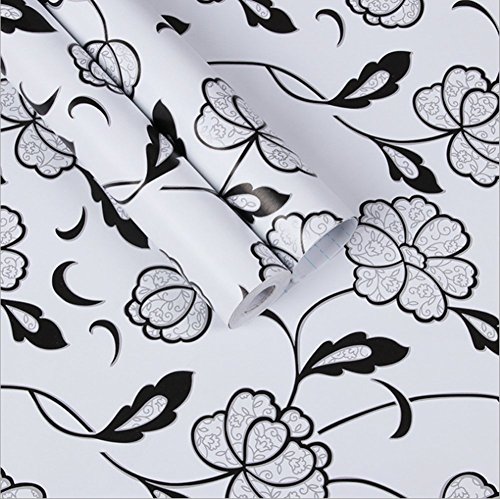 Teemall Black and White Flowers Wallpaper Vine Shelf Liner Self-Adhesive  Waterproof Shelf Drawer Liner Cabinet Sticker 17.7 inch by 9.8 Feet