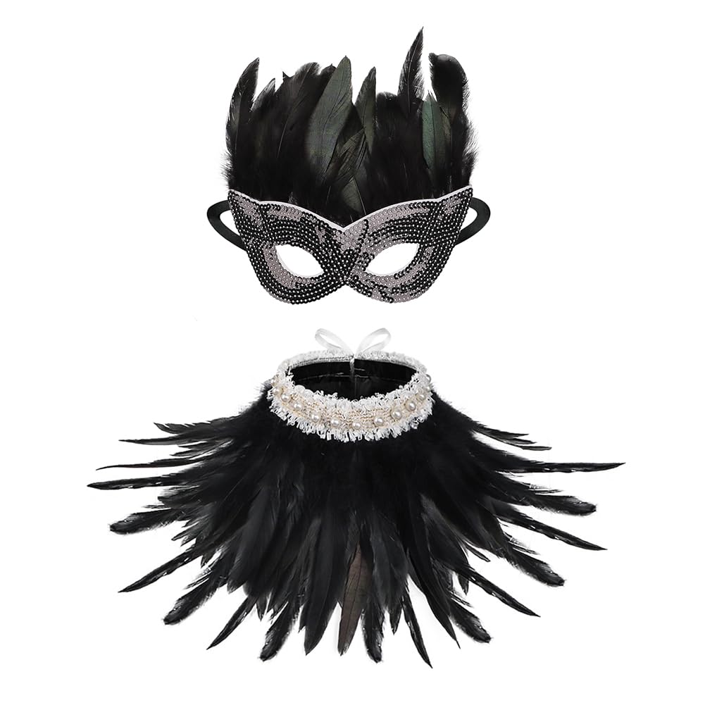Gothic Feather Mask Choker Collar Set Venetian Eye Mask Gothic Necklace Neck Wrap Vampire Mask Carnival Mardi Gras Mask Vampire Costume Accessories Halloween Fancy Dress Cosplay Party Props