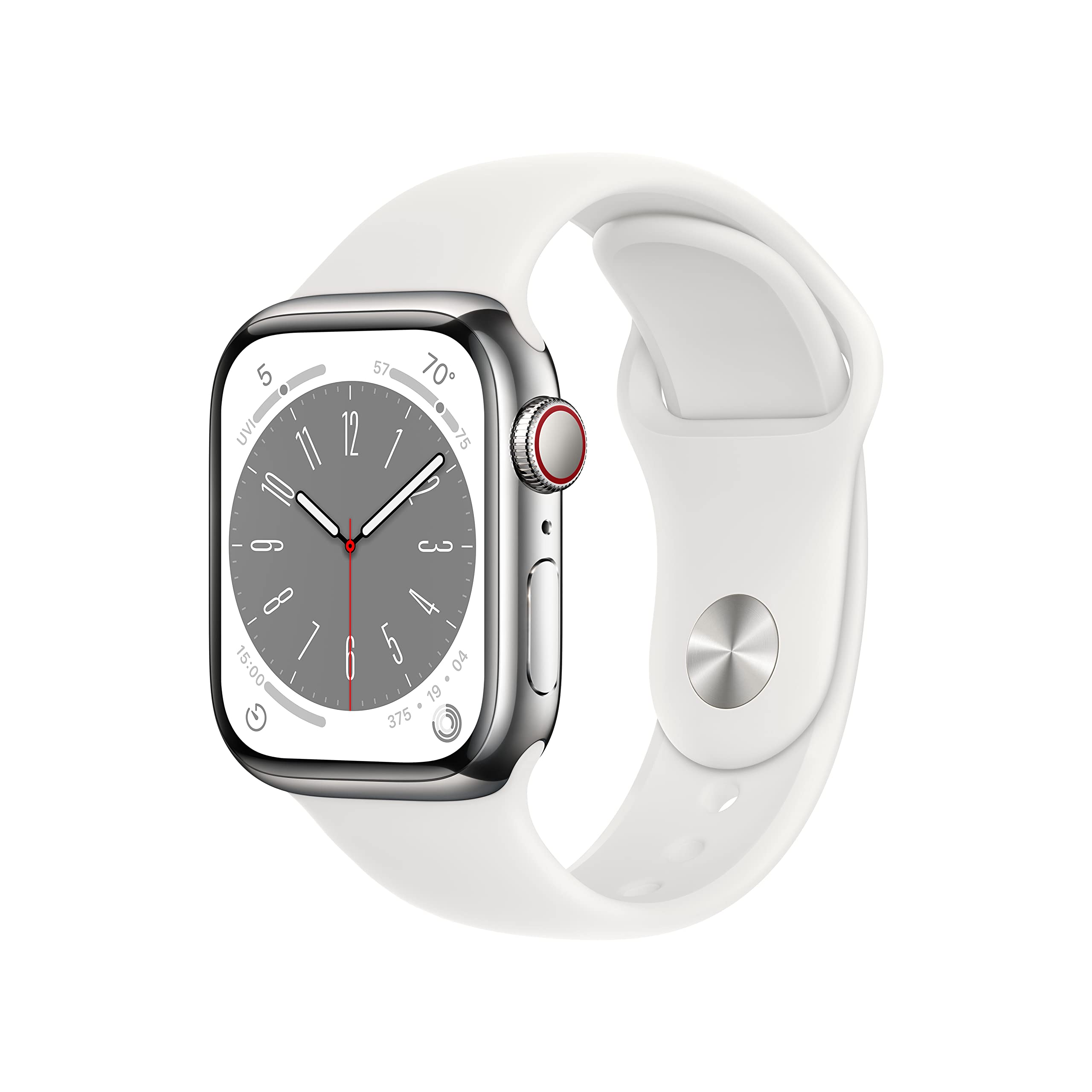 Photo 1 of *** SEE NOTES ***Apple Watch Series 8 (GPS + Cellular, 41mm) - Silver Stainless Steel Case with White Sport Band M/L (Renewed)
