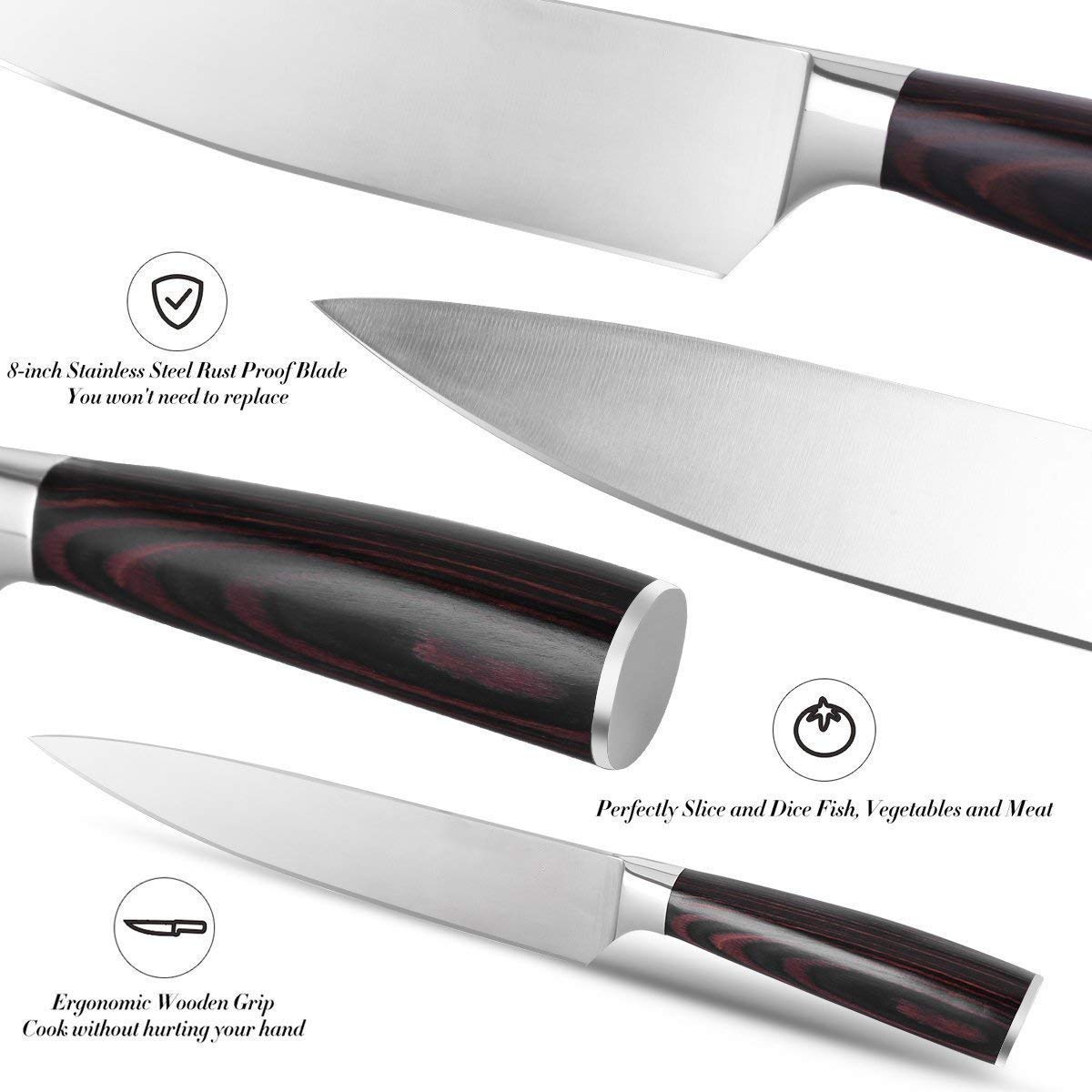 Kochmesser 20cm, CUSIBOX Küchenmesser aus rasiermesserscharfem Hartstahl, Profi Chefmesser, Scharfe Fleischmesser, Allzweckmesser mit Ergonomischer Holz-Griff