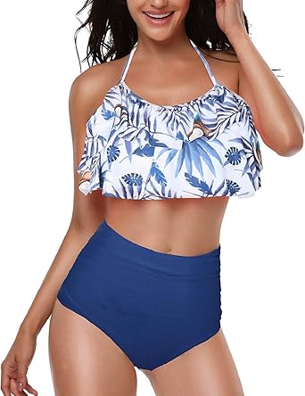 heekpek Bikini Damen Set High Waist Ruffles Strap Niedlich Badeanzug Crop Top Volant Neckholder Bikini Oberteil und Bikinihos