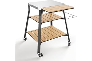 BBQMALL Pizza Oven Stand & Shelf for Solo Stove Pi Pizza Oven, Outrdoor XSKUNStand for Ninja Woodfire, Kitchen Table for Cooking with Stainless Steel Top, WPC Storage Shelves, Lockable 360° Swivel Wheels