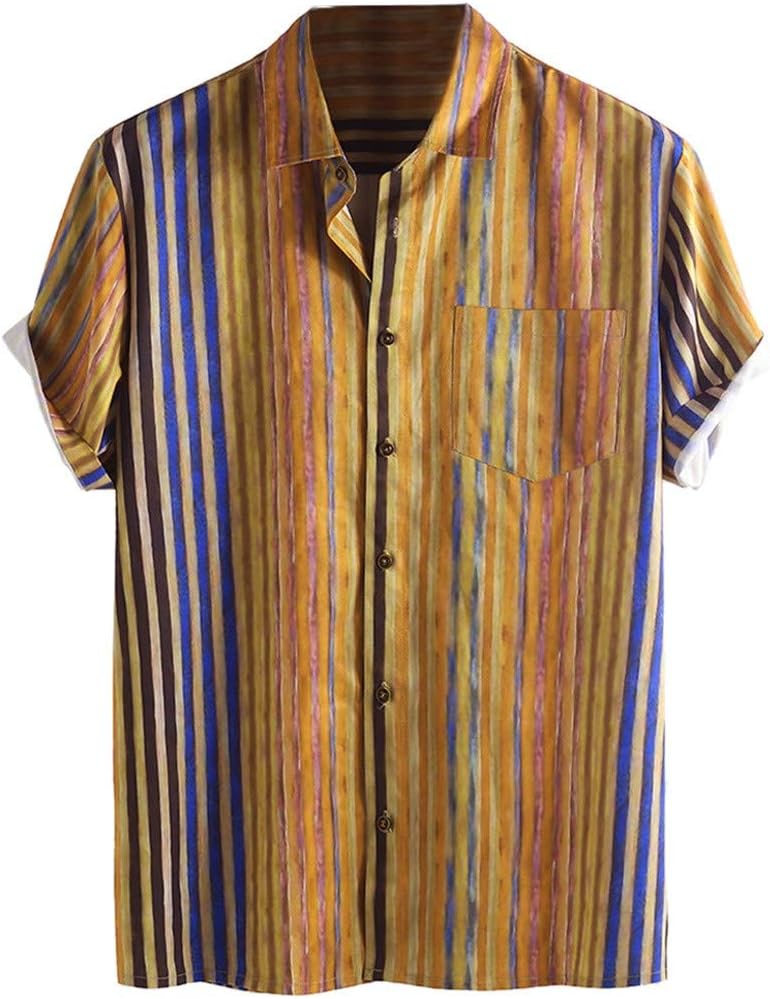 Lazzboy Men Men's Multicoloured Stripes/Colour Block Graffiti Short Sleeve Buttons Baggy Loose Blouse