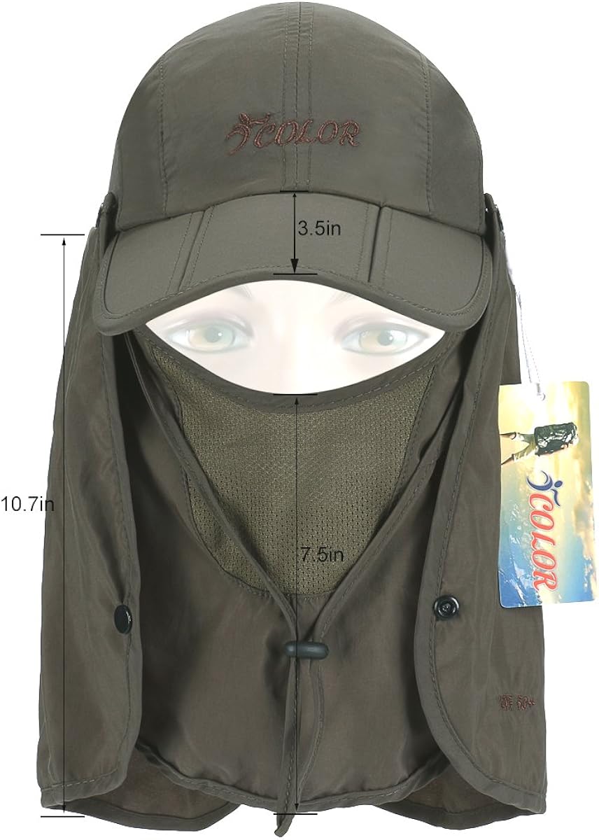 ICOLOR Folding Sun Cap, 360°Protection Flap Hats, Adult UPF 50+ Flap Cap, Sun Hats, Removable Neck & Face Flap Cover for Baseball, Backpacking, Hiking, Fishing, Garden, Hunting Outdoor Activities Army Green : Clothing