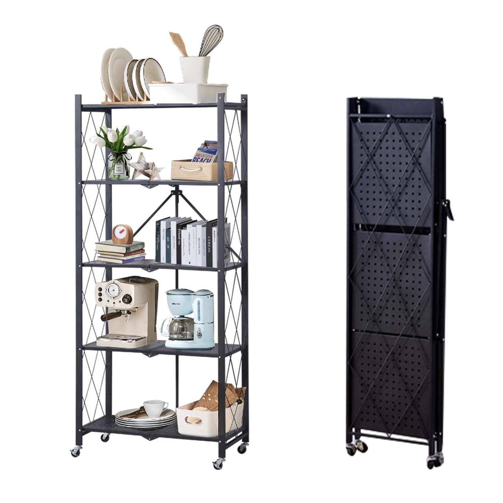 Photo 1 of Curtainboro 5 Tier Storage Shelves Unit, Foldable Storage Shelves with Wheels, No Assembly Freestanding Metal Wire Shelf Rack Up to 300KG Microwave Stand for Kitchen, Garage, Pantry