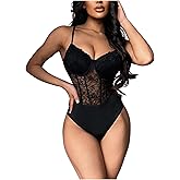 Milumia Women's Floral Lace Mesh Corset Bodysuit V Neck Spaghetti Strap Cami Top