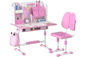 GOODLIEST Kids Desk and Chair Set, Height Adjustable Kid Desk with Storage Drawers and Bookshelf, Escritorio para NiñOs,Curved Desktop Reading Writing Table for Kids (Pink A)