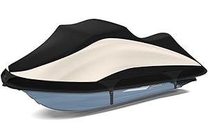 Tokept Trailerable Jet Ski Cover, 300D Heavy Duty Waterproof PWC Cover with Reflective Strip Vents, Fits Seadoo, Yamaha, GTX, Kawasaki, Honda, Polaris 1 or 2 Seater 103" to 115" L（Black&Beige）