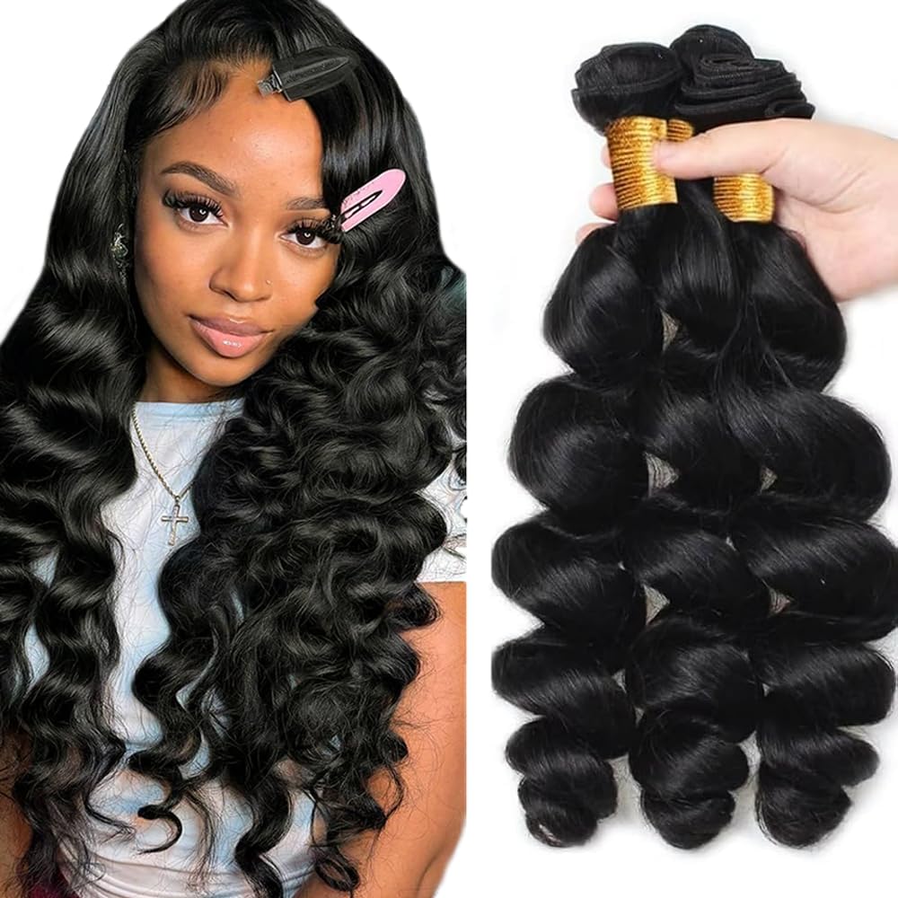 Photo 1 of LadrXadr Human Hair Bundles Loose Wave Bundles 28 30 32 inch #1B Loose Body Wave Bundle Natural Black Bundle