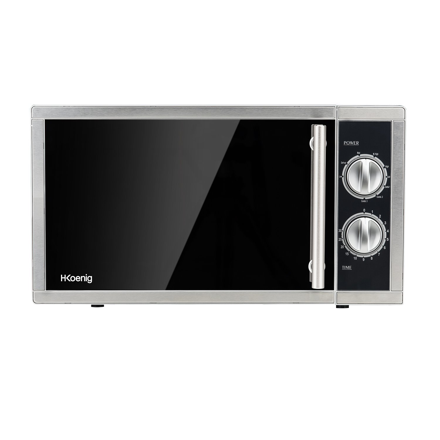 H.Koenig Four Micro-Ondes Grill 2 En 1 23L Vio7 1000W, Compact Plateau Tournant 27Cm, Multifonction 9 Programmes, Décongélation, Cuisson Combinée, Rapide, Minuterie 30Min, Effet Miroir Noir, Inox Argenté