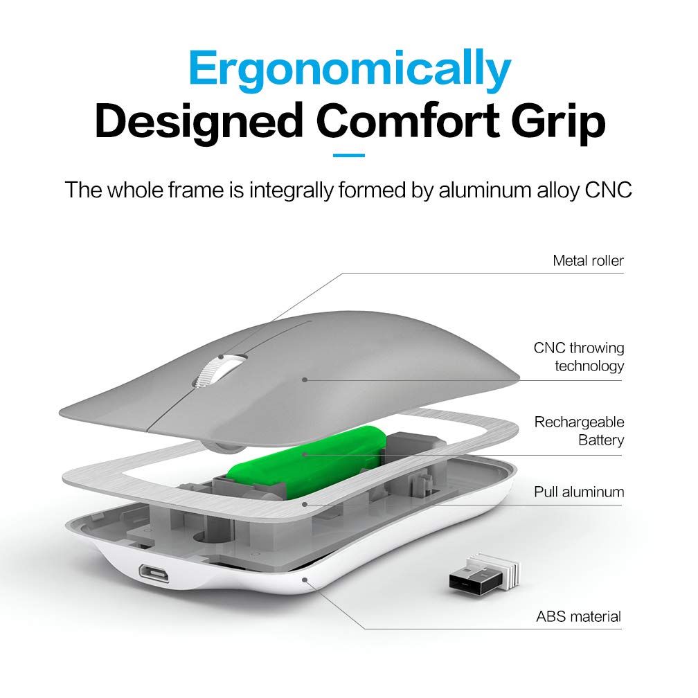 Bluetooth Mouse Rechargeable, Inphic Slim Silent Click Rechargeable 2.4G Wireless Mice 1600DPI Optical Portable USB PC Computer Laptop Cordless Mouse with Nano Receiver (Bluetooth Silver)
