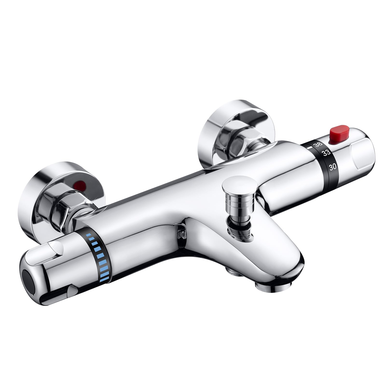 ROWINNAO Bath Tap with Thermostat, Surface-Mounted Bath Tap with Thermostat, Chrome Mixer Tap, Shower Thermostat, 2 Functions Brass Shower Fitting for Bathtub with 38 °C Safety Button