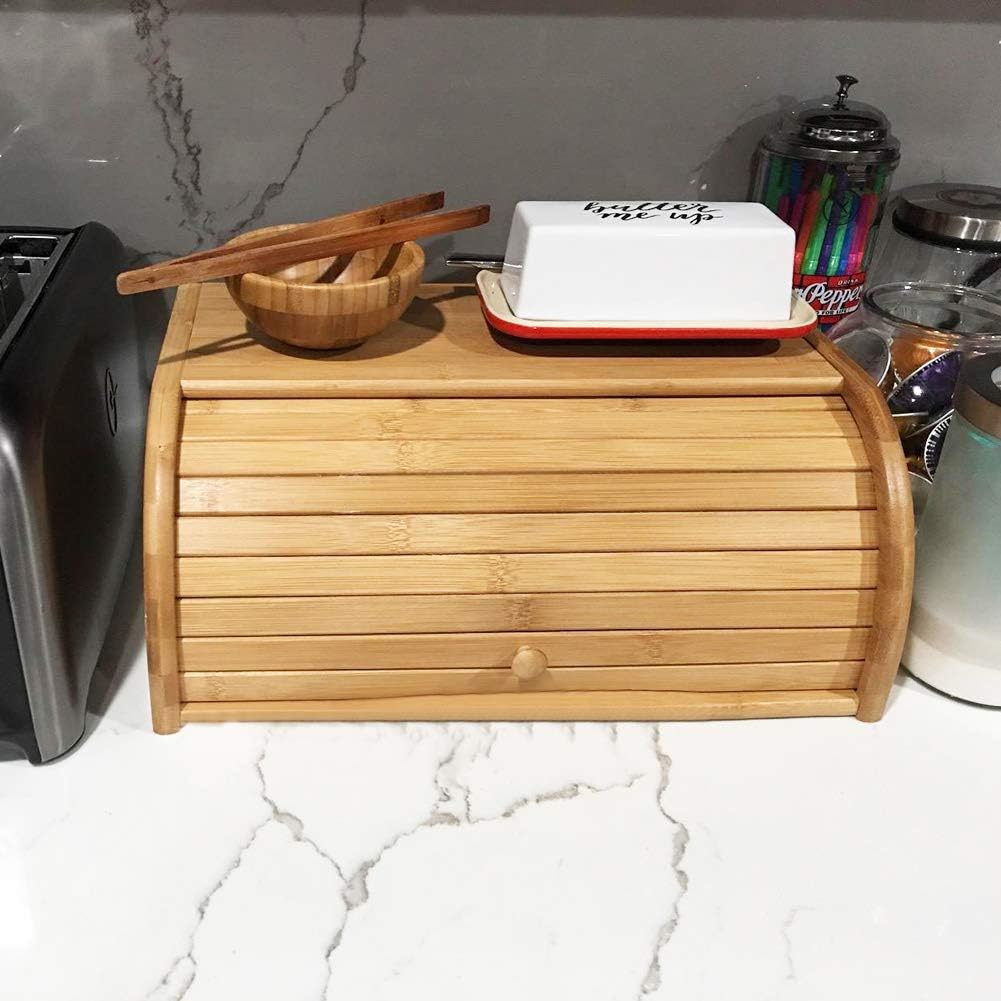 Boîte à Pain Bambou Avec Couvercle Roulant - Rangement Pain 38x28x18cm - Plateau Miettes Amovible