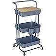 DTK 3 Tier Utility Cart with Cover Board, Rolling Cart with Lockable Wheels, Cups, Hooks for Home Office, Art Craft Storage, Home School Organization and More Uses(Blue)