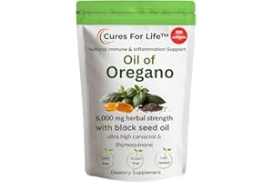 Cures For Life Oil of Oregano Softgels – 6000mg High Potency with 165mg Carvacrol & 200mg Black Seed Oil – 2-in-1 Immune Support & Digestive Health – 300 Softgels – Oregano Oil Capsules Supplement