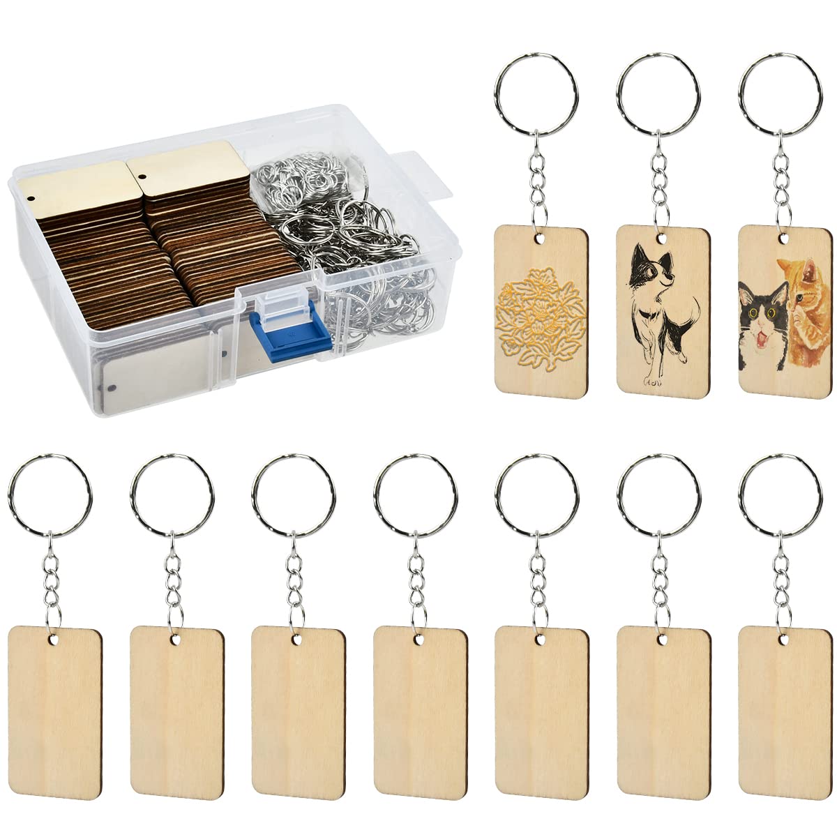 DODUOS 100Pcs Blank Wooden Keychains, 5 * 3cm Rectangular Predrilled Unfinished Natural Wood Slices with 100Pcs Key Rings for DIY Crafts, Blank Wooden Keyring for Christmas Decorations Ornaments