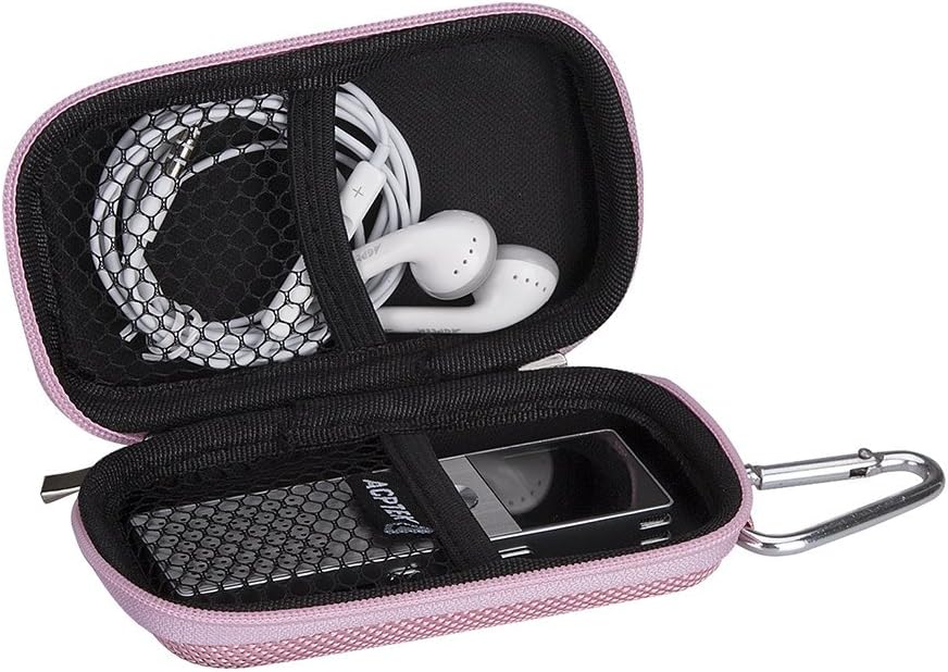 AGPTEK MP3 Player Case, Portable Clamshell Headphones Cover, Holder with Metal Carabiner Clip, for 1.8 inch MP3 Players, iPod Nano, iPod Shuffle, Apple Airport, Pink