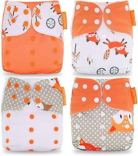 HahaGo Baby Stoffwindel waschbar wiederverwendbare Windeln All-in-One-Taschenwindel für die meisten Babys und Kleinkinder (4PCS, Orange Fox Muster)