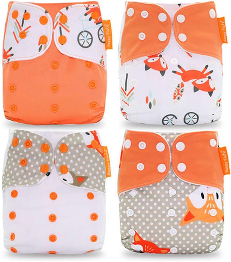 HahaGo Baby Stoffwindel waschbar wiederverwendbare Windeln All-in-One-Taschenwindel für die meisten Babys und Kleinkinder (4PCS, Orange Fox Muster)