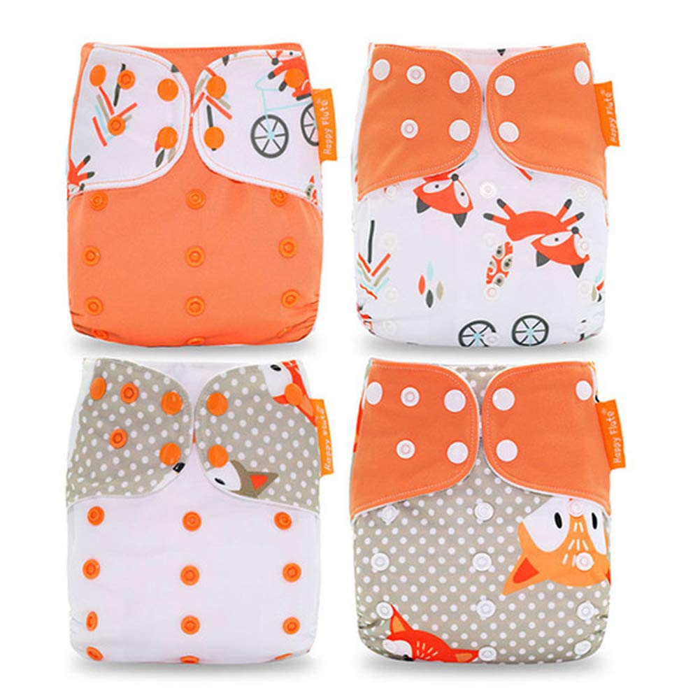 HahaGo 4PCS Baby Cloth Diaper Washable Reusable Diapers Insert All-in-One Pocket Nappy for Most Babies and Toddlers (Orange Fox Pattern)