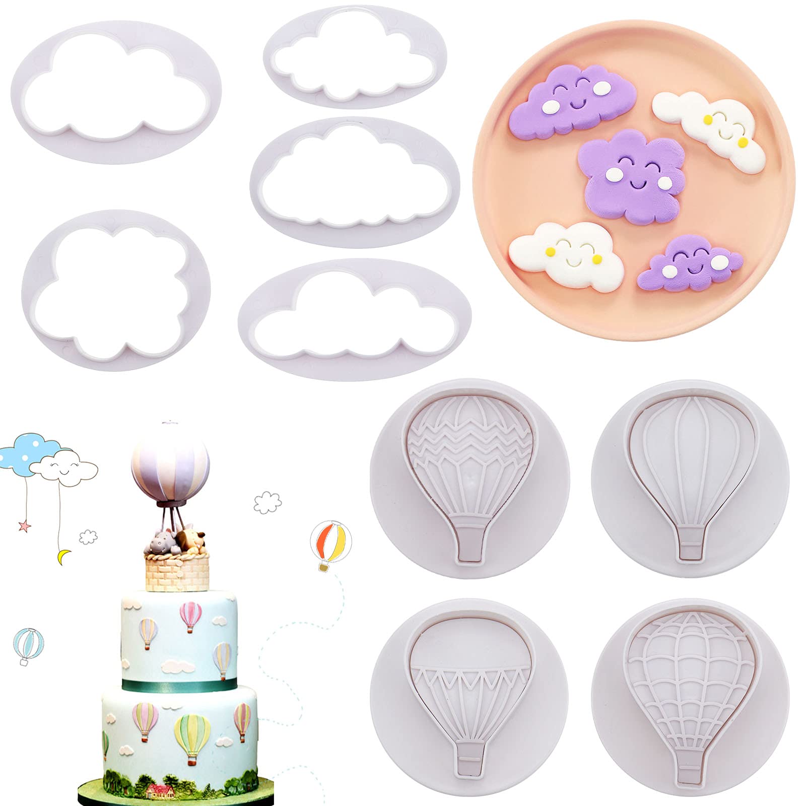 9 Pcs Balloons and Cloud Cake Decoration Fondant Mold Set Hot Air Balloon Cookie Cutters for Chocolate Candy Baking Pastry Cookie Sugar Craft