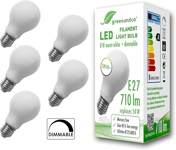 5x Greenandco Cri90 Gluhfaden Led Lampe Dimmbar Ersetzt 54 Watt E27 Birne Matt 8w 710 Lumen 2700k Warmweiss Filament Fadenlampe 360 230v Ac Nur Glas Flimmerfrei 2 Jahre Garantie Amazon De Beleuchtung