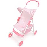 Badger Basket Folding Doll Umbrella Stroller with Basket - Pink/White | Fits up to 18" dolls; lightweight foldable umbrella stroller with storage basket, safety belt, metal frame &amp; smooth wheels.