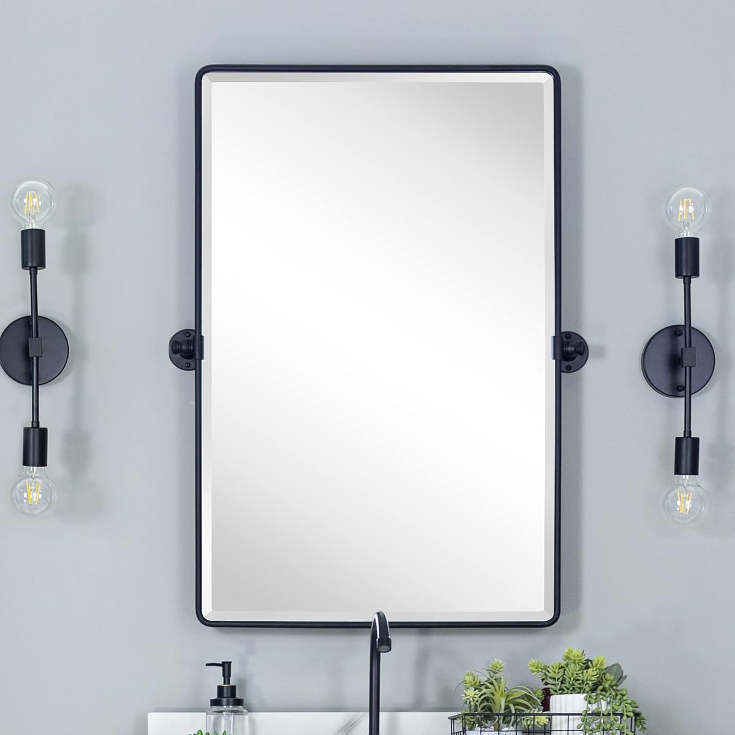 Mirrors - Farmhouse Pivot Rectangle Bathroom Mirror Black Metal Framed Tilting Beveled Vanity Mirrors for Wall 20x30''