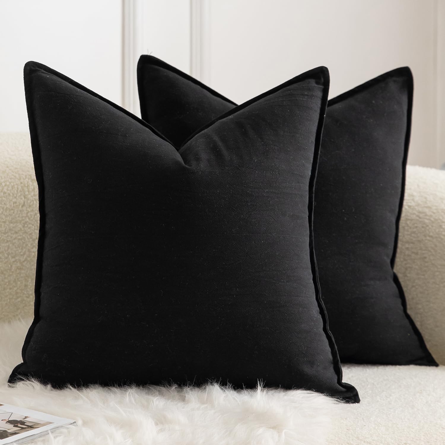 Mandioo Pack of 2 Neutral cotton Cushion Covers 60x60 cm 24x24 inch Solid Decorative Couch Throw Pillowcase Boho Farmhouse Home Decor for Sofa Living Room Bed Bedroom Black