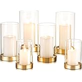 Hewory Hurricane Candle Holder for Pillar Candles: Gold Votive Candle Holders Set of 6, Glass Hurricane with Metal Candle Plate, Pillar Candle Holder for Table Centerpiece Wedding Holiday Home Decor