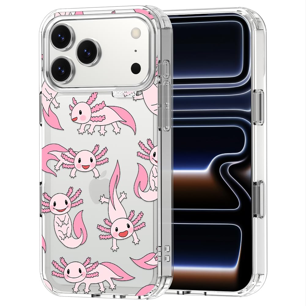 MOSNOVO for iPhone 17 Pro Max Case | Military Grade 6.6ft Drop Tested | Camera Control | Clear with Pink Axolotl Design Image