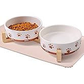 Dog Bowls with Wood Stand, 1.7 Cups Ceramic Puppy Bowls with Mat for Small Dog Weighted Water and Food Bowl Set for Dogs Cats, Non-Slip Pet Feeding Dish 13.5 Oz