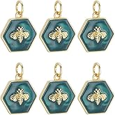 Beebeecraft 6Pcs Enamel Bee Charms 18K Gold Plated 14x14.5mm Hexagon Green Honeybee Charms with Jump Ring for Jewelry Making Necklace Bracelet DIY Crafts