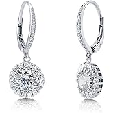 BERRICLE Sterling Silver Halo Leverback Drop Dangle Earrings for Women, Cubic Zirconia CZ - Emerald, Pear, Round Cut