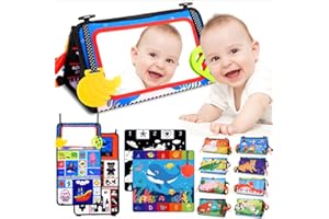 Diyfrety 3 in 1 Tummy Time Baby Mirror Toys 0-6 6-12 Months High Contrast Newborn Toys Baby Crinkle Cloth Book Infant Toys with Teethers Baby Essentials Sensory Toys Baby Boy/Girl Gifts