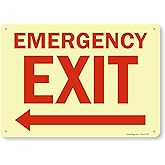 SmartSign - S-1491G-GR-14 "Emergency Exit" Sign with Left Arrow | 10"x 14" Glow-in-the-Dark Aluminum Emergency Exit_Left Arro