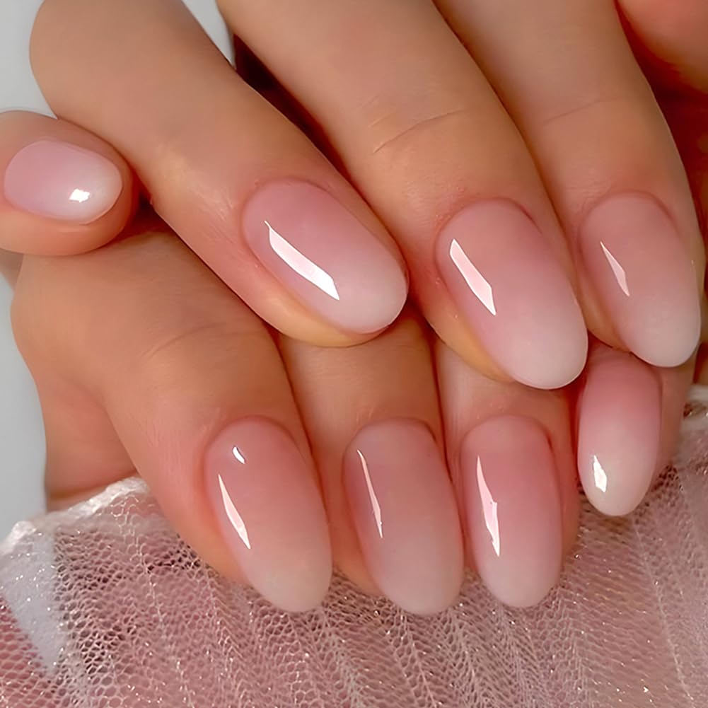RUPOFUZA Almond Press on Nails Short Squoval Fake Nails Pink Ombre White False Nails with Glossy Press ons Designs Acrylic Nails Press on Artificial Nails Stick on Nails for Women 24Pcs