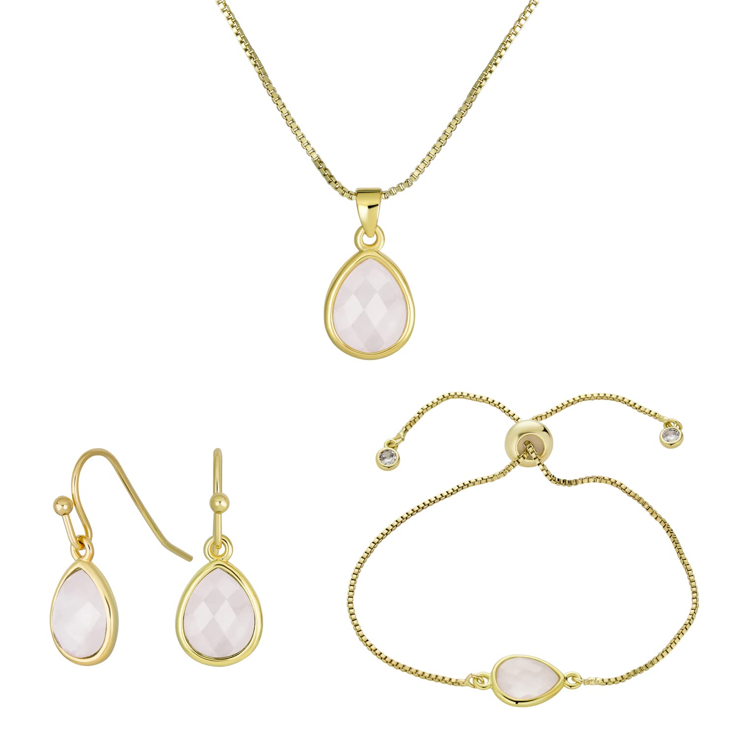 Delicate Facet Dusty Pink Rose Quartz Faceted Briolette Teardrop Pear Shaped Drop 3 Piece Jewelry Set Drop Earrings Bolo Bracelet Pendant For Women 18K Yellow Gold Plated