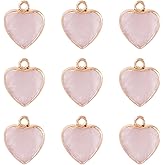 FASHEWELRY 10Pcs Heart Natural Rose Quartz Stone Charms Pink Faceted Crystal Healing Chakra Gemstone Charms with Gold Loop 16-17x14-15mm for Valentines Day Jewelry Necklace Craft Making